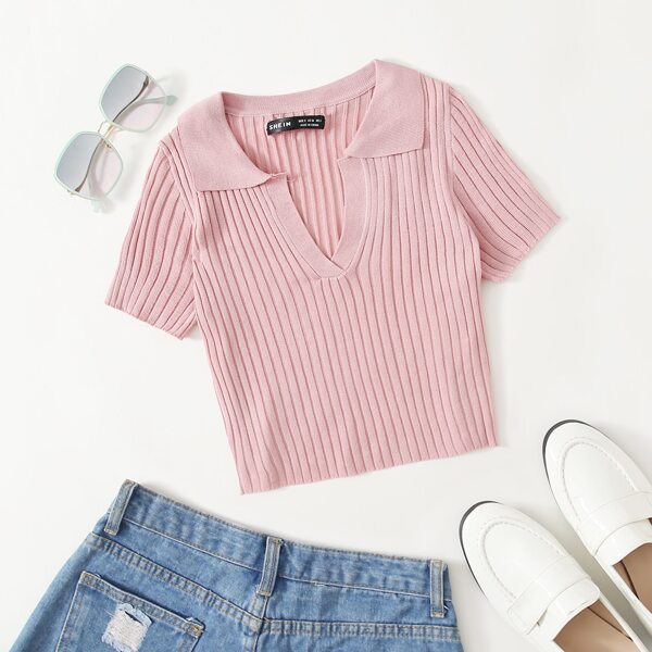 

Collared Rib-knit Top, Pastel baby pink