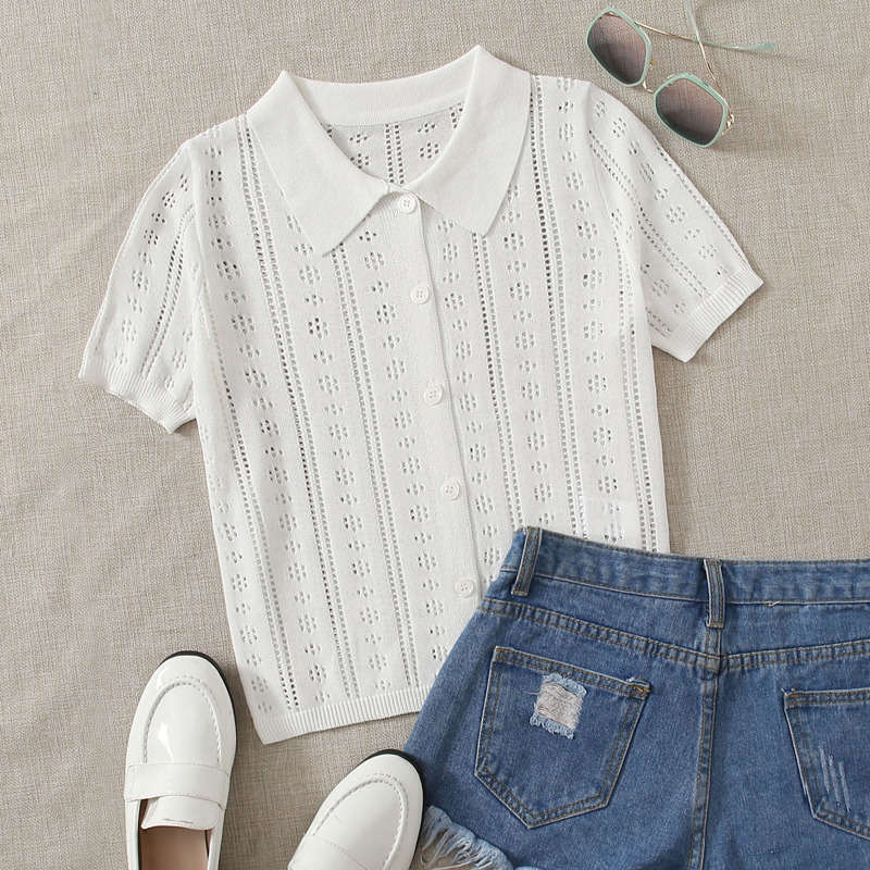 

Collared Buttoned Front Pointelle Knit Cardigan, White