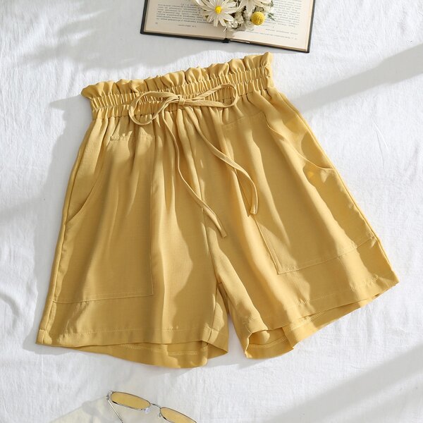 

Paper Bag Waist Knot Detail Shorts, Yellow