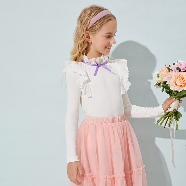 

Girls Mock Neck Ruffle Detail Rib-knit Tee, Beige