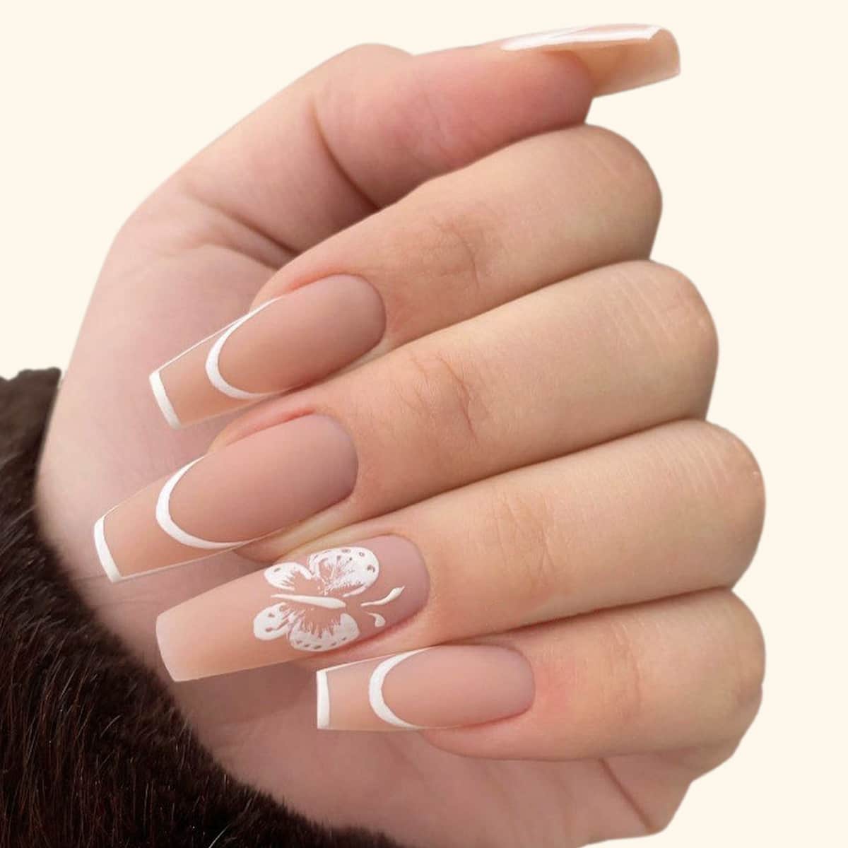 

24pcs Butterfly Pattern Long Square Fake Nail & 1sheet Tape & 1pc Nail File, Orange