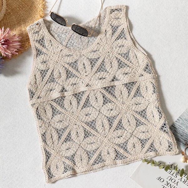 

Scoop Neck Crochet Cover Up, Apricot