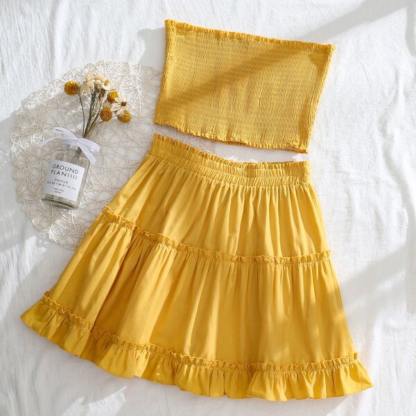 

Frill Trim Shirred Tube Top & Layered Hem Skirt Set, Yellow