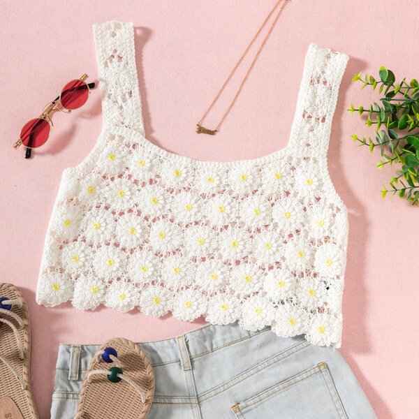 

Cut-out Appliques Crochet Crop Cover Up Top, White