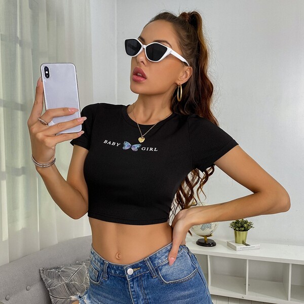 

Letter & Butterfly Graphic Rib-knit Crop Tee, Black