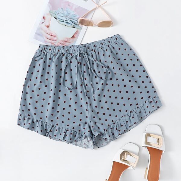 

Plus Polka Dot Ruffle Hem Shorts, Dusty blue