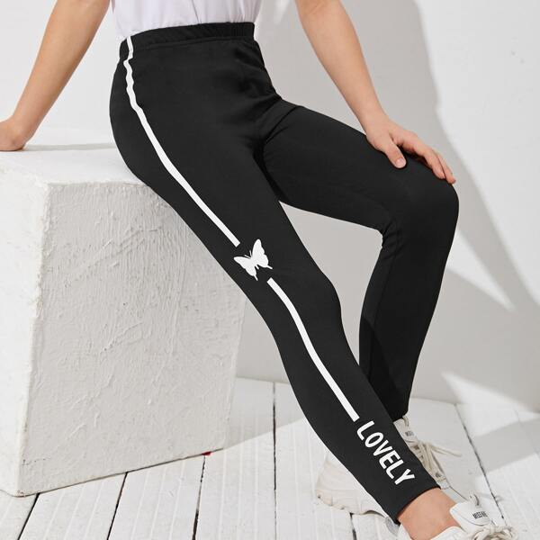 Girls Letter and Butterfly Print Leggings, Black