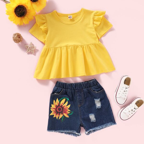 

Toddler Girls Solid Babydoll Tee With Sunflower Print Denim Shorts, Multicolor