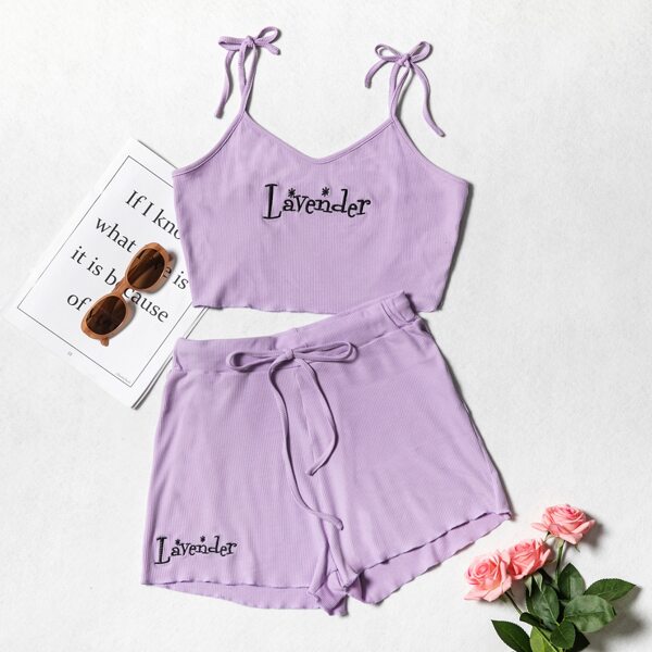 

Knot Shoulder Rib-knit Letter Embroidery Cami Top & Shorts Set, Lilac purple