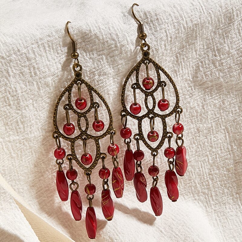 

Retro Beaded Tassel Earrings, Red