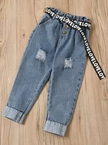 SHEIN 年輕女孩字母圖形t恤配破洞牛仔褲