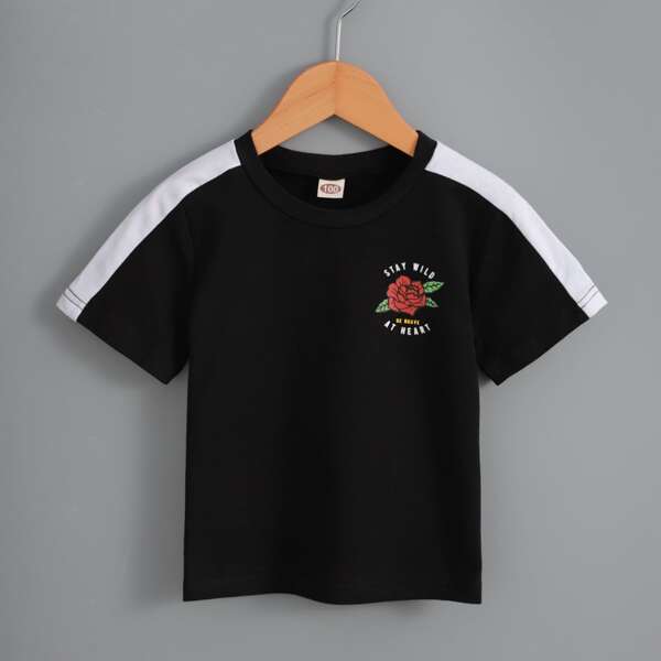 Toddler Girls Flower And Slogan Graphic Tee, Black