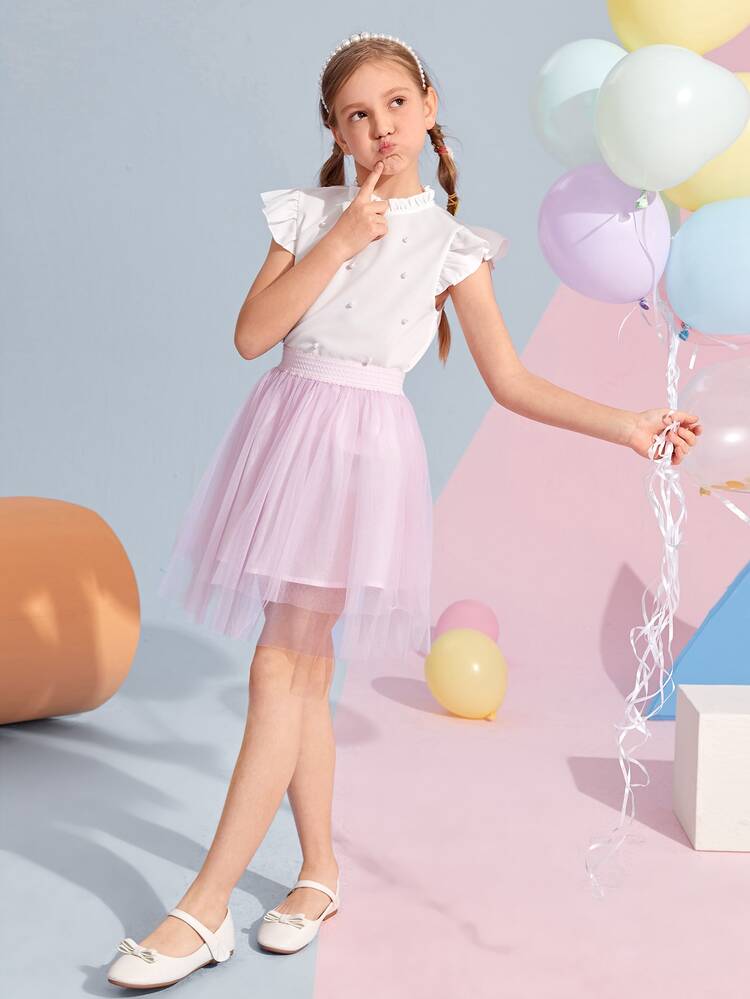 SHEIN Áo cánh Gái cườm đính  màu trơn Dễ thương - trắng - Xem 4