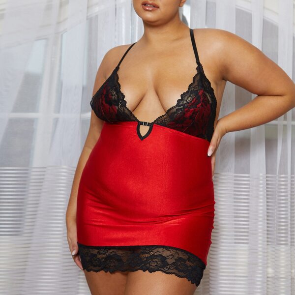 

Plus Contrast Lace Slips With Thong, Red