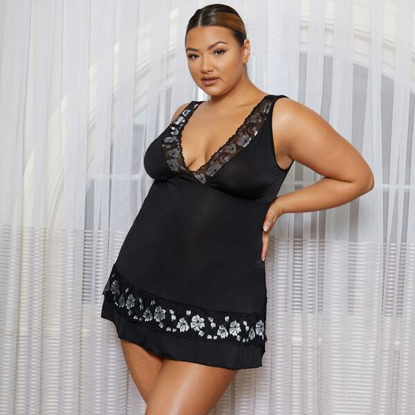 

Plus Contrast Lace Dress With Thong, Black