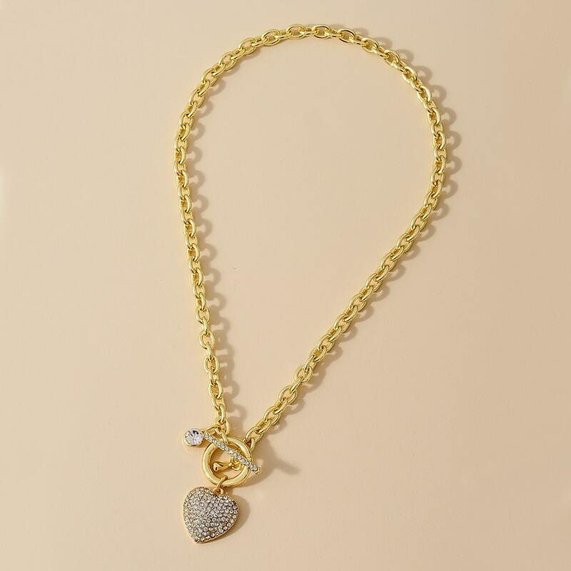 

Rhinestone Heart Charm Necklace, Gold