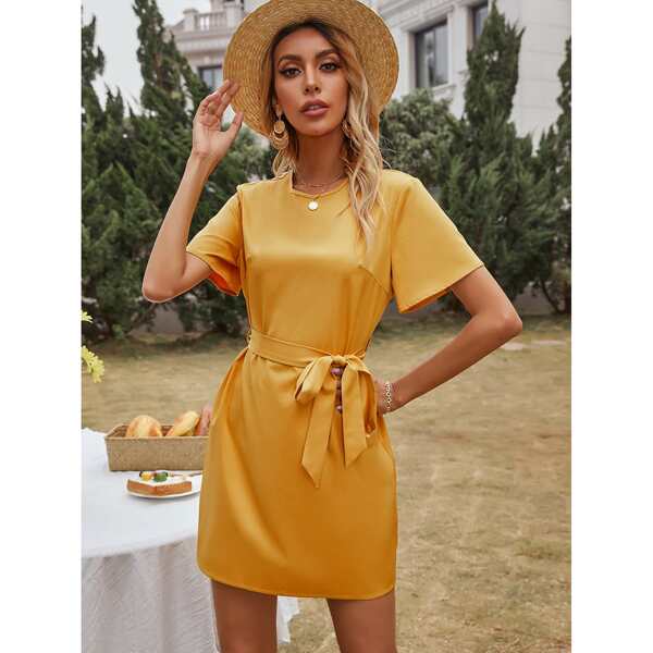 

Solid Self Tie Tunic Dress, Yellow