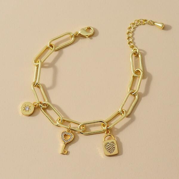 

Rhinestone Lock Charm Chain Bracelet, Gold