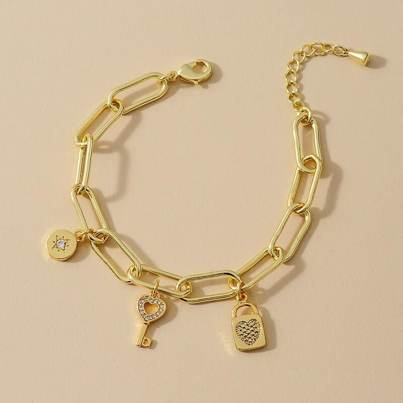 

Rhinestone Lock Charm Chain Bracelet, Gold