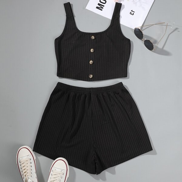 

Solid Rib Knit Button Tank Top & Shorts, Black