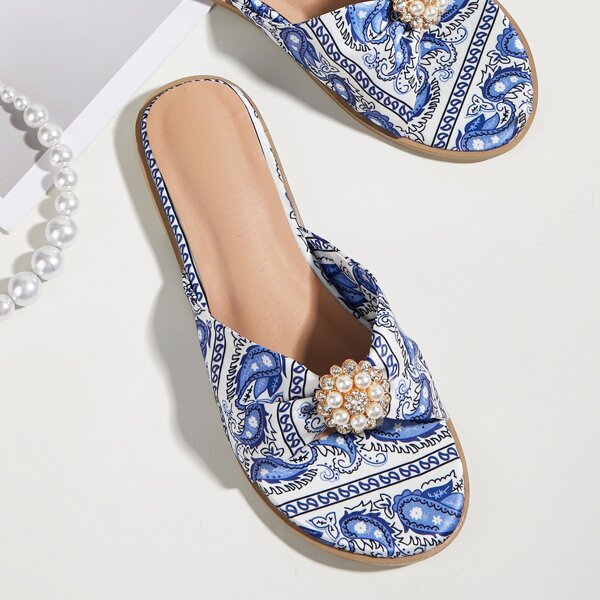 

Faux Pearl Decor Paisley Print Slide Sandals, Blue and white