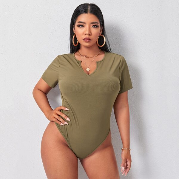 

Plus Solid Notch Neck Tee Bodysuit, Army green