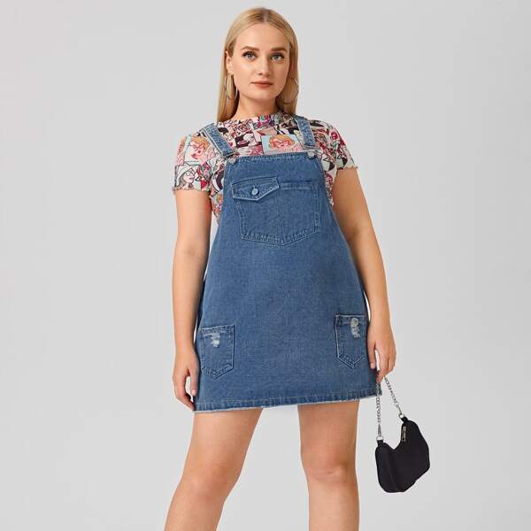 

Plus Patch Pocket Ripped Overall Denim Dress, Medium wash