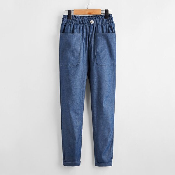 

Girls Paperbag Waist Patch Pocket Pants, Dusty blue