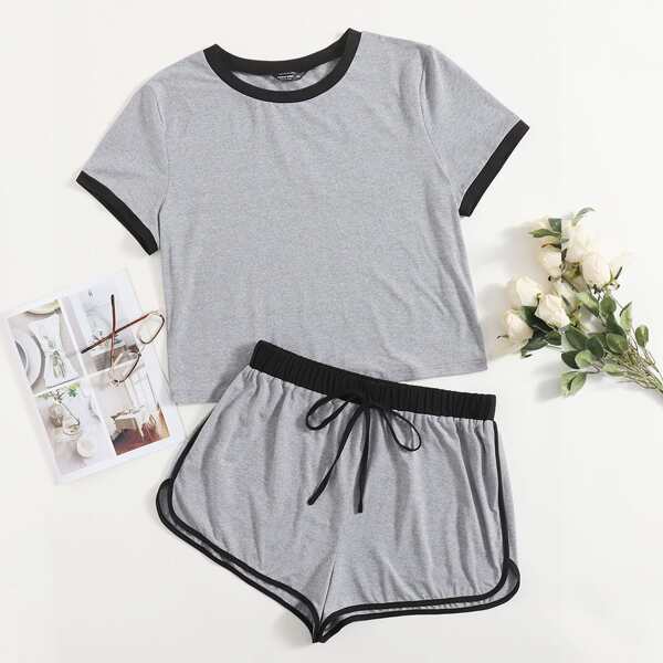 

Plus Ringer Tee & Drawstring Dolphin Shorts Set, Grey