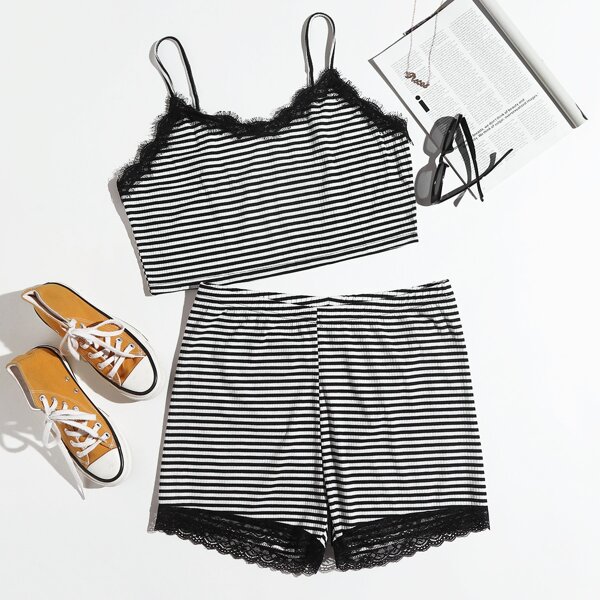 

Plus Striped Lace Trim Top & Shorts Set, Black and white