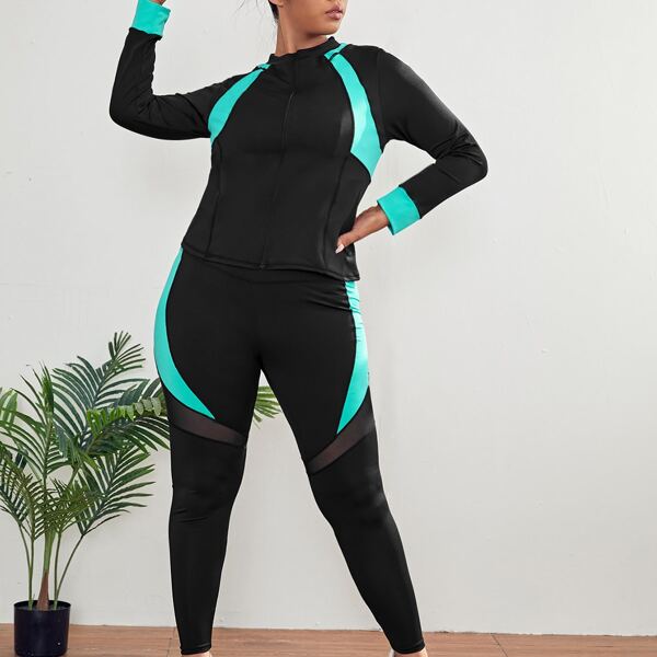 

Plus Colorblock Top & Mesh Insert Pants Sports Set, Black