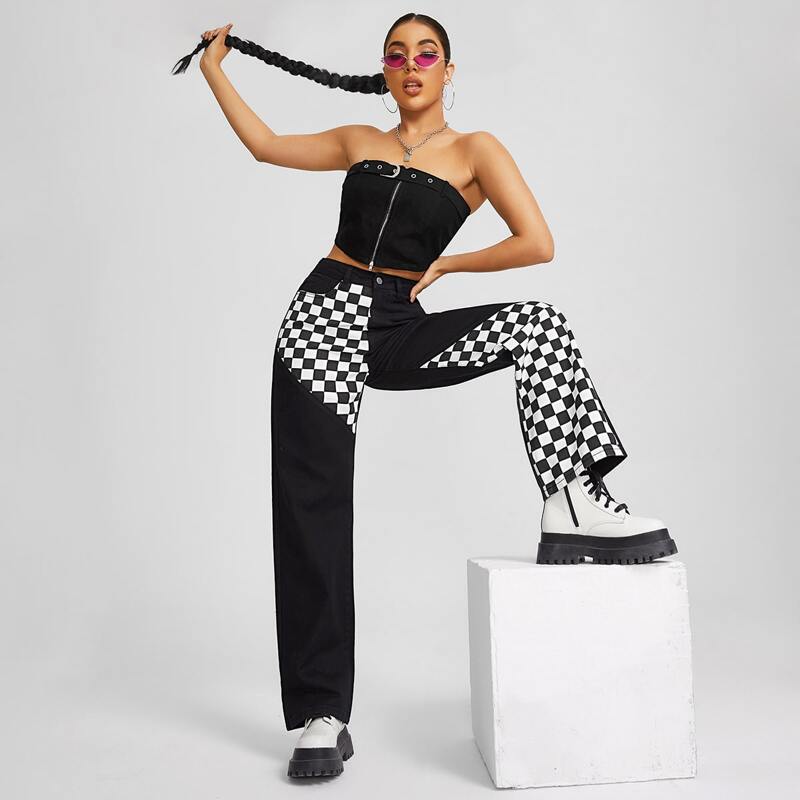 

High Waist Colorblock Gingham Jeans, Black and white