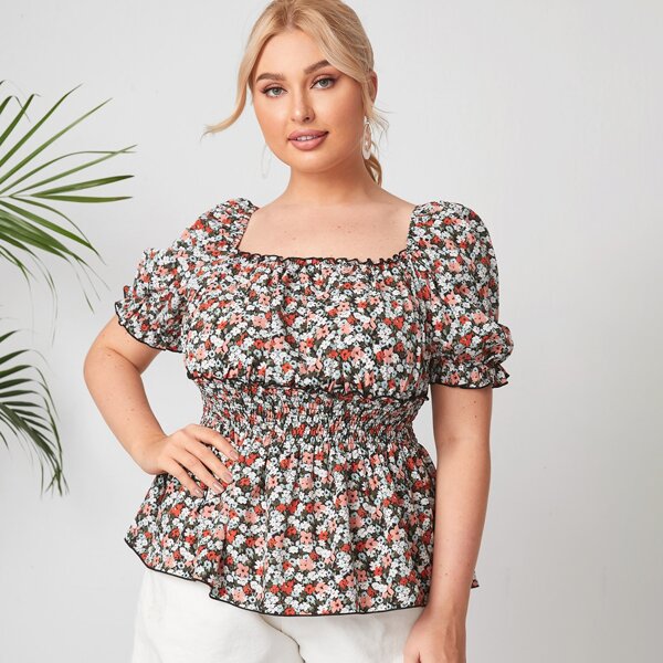 

Plus Ditsy Floral Shirred Peplum Milkmaid Blouse, Multicolor