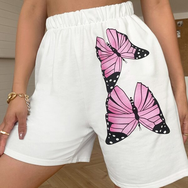 

Elastic Waist Butterfly Print Shorts, White