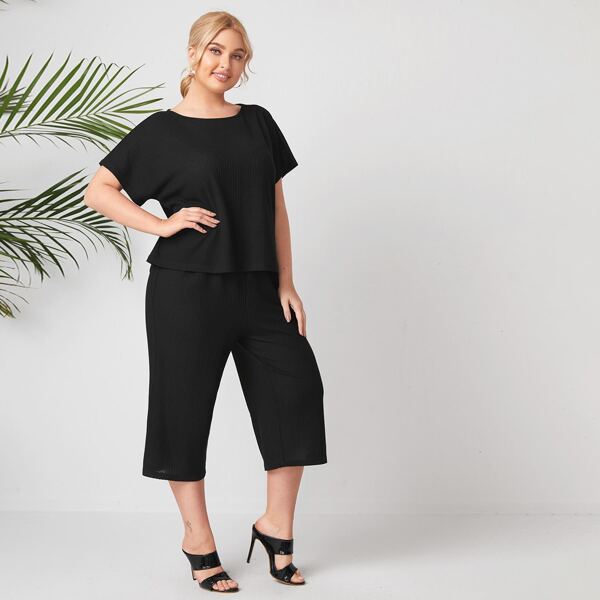 

Plus Waffle Knit Top & Pants Set, Black