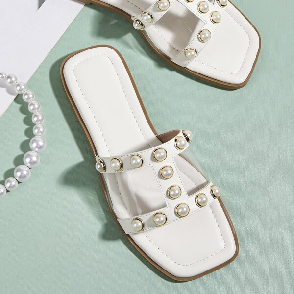 

Faux Pearl Studded Slide Sandals, White