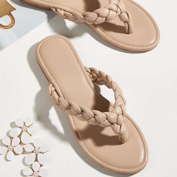 

Braided Flat Thong Sandals, Khaki