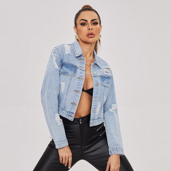 

Flap Detail Button Front Ripped Denim Jacket, Light wash
