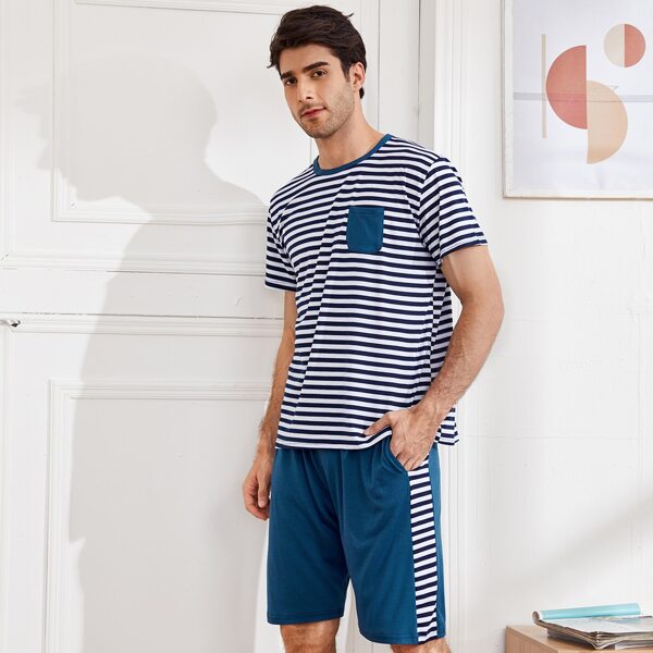 

Men Striped Pocket Front PJ Set, Blue and white