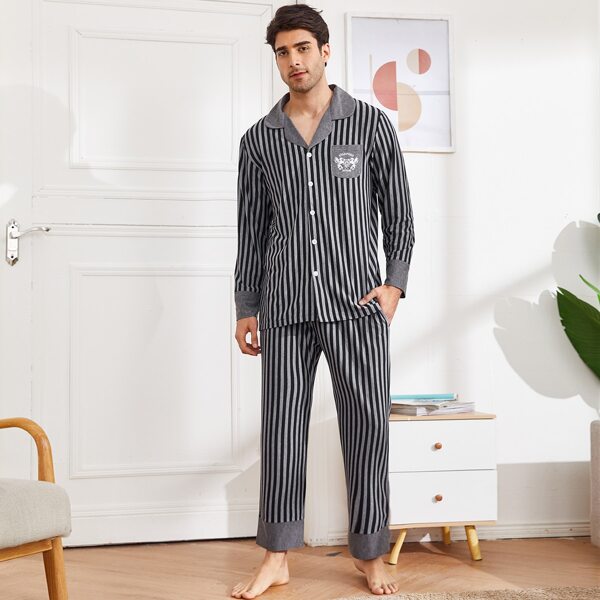 

Men Letter And Striped Print Lapel Collar Button Front PJ Set, Multicolor