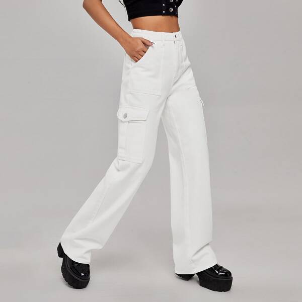

High Waist Flap Pocket Wide Leg Jeans, White