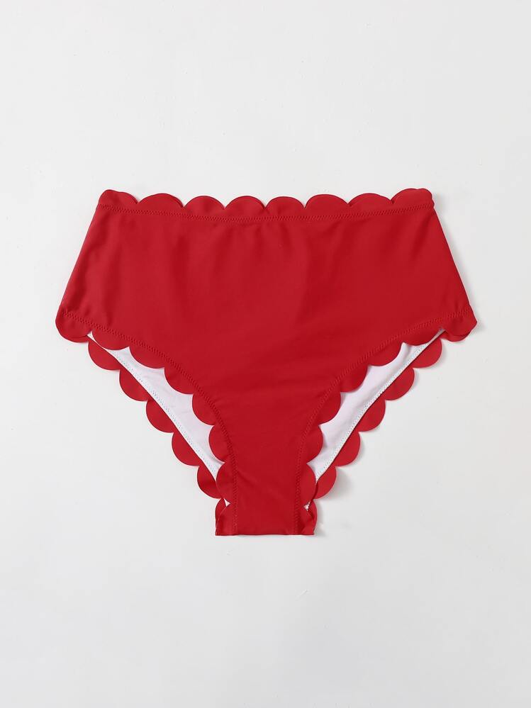 Bikini de cintura alta con borde recortado en forma de concha, para verano y vacaciones en la playa - Rojo - Añade 1