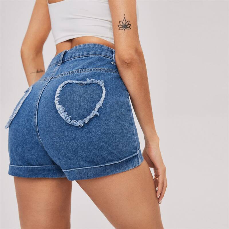 

Heart Patch Roll Hem Denim Shorts, Medium wash