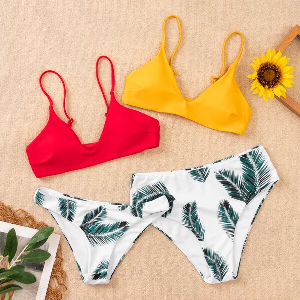 

4pack Palm Leaf Print Bikini Swimsuit, Multicolor