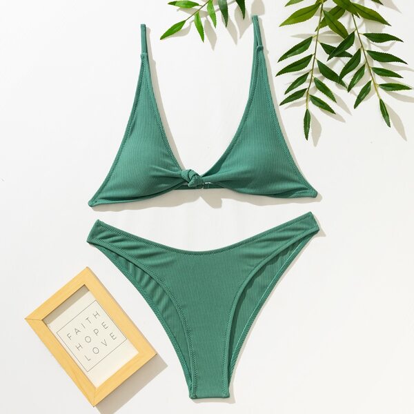 Rib Knot Detail Bikini Swimsuit, Green
