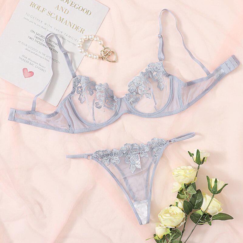 

Floral Embroidery Mesh Underwire Lingerie Set, Grey