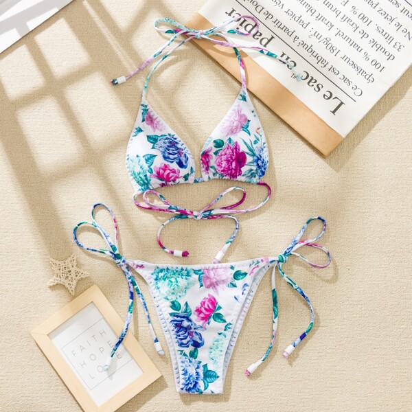 

Floral Micro Triangle Tie Side Bikini Swimsuit, Multicolor
