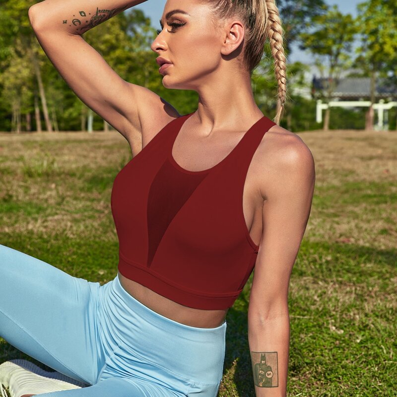 

Mesh Panel Racer Back Sports Bra, Burgundy