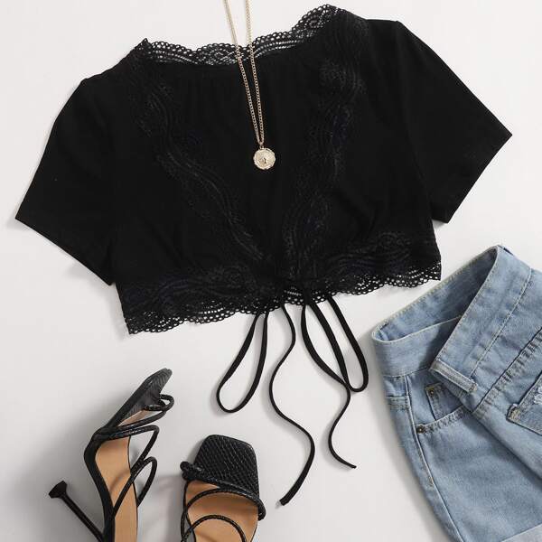 

Lace Trim Tie Front Crop Top, Black