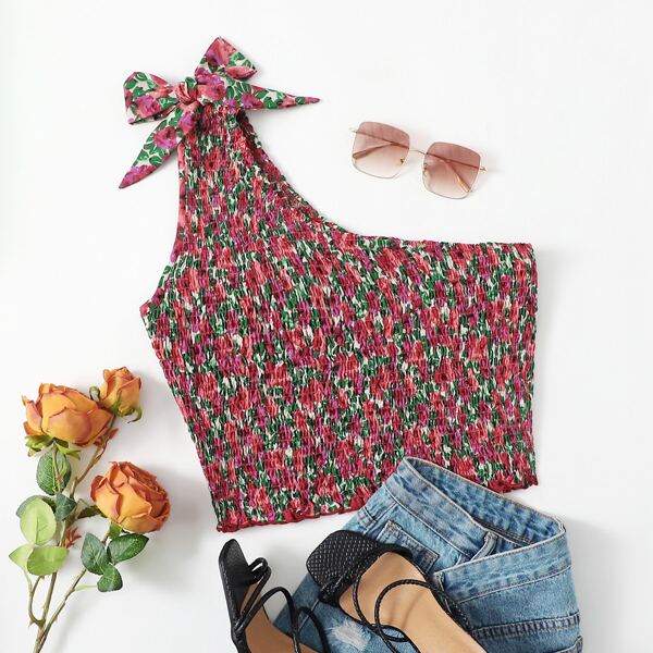 

Plus Floral Print One Shoulder Knotted Top, Multicolor